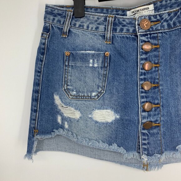 One Teaspoon Skirt Denim Le Cat Mini Button Front Fray Raw Hem - Picture 5 of 11